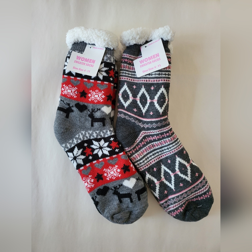 2 Pair Women's Sweater Socks Shoe Size 4-11 Cute Holiday Winter Comfy Warm NWT